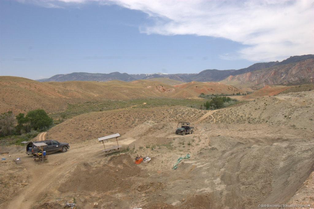Shell Wyoming valley panorama with dig camp in view, 2007 season. Bighorn County, Wyoming.