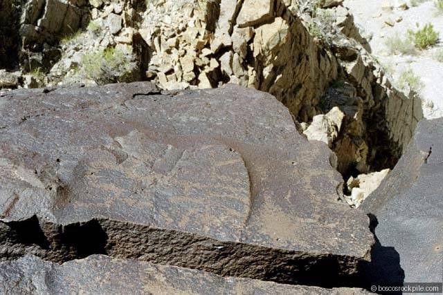 Native American petroglyphs carved into a desert-varnished canyon wall.