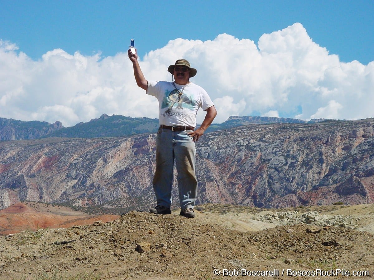 Bob Boscarelli on the ridge above the Sarah Stegosaurus quarry, Shell Wyoming, July 2004