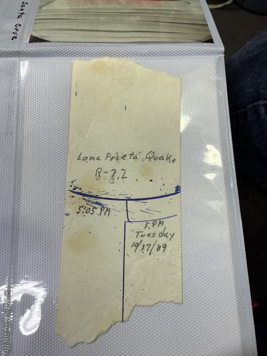 The 1989 Loma Prieta quake (M6.9) recorded on David Reynolds' hand-built seismograph — Bosco's father-in-law. The recorder was knocked off its shelf mid-quake, tearing the tape; labeled in his hand.