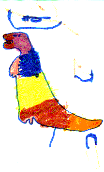 Child's colorful drawing of a standing dinosaur in blue, yellow, and orange