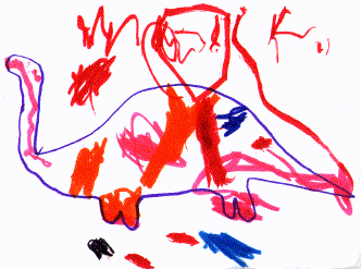 Child's marker drawing of a long-necked dinosaur in red and purple