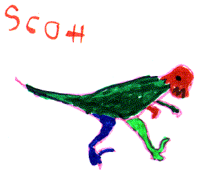 Child's drawing of a green running dinosaur, signed Scott