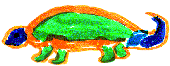 Child's drawing of a green armored dinosaur with an orange outline